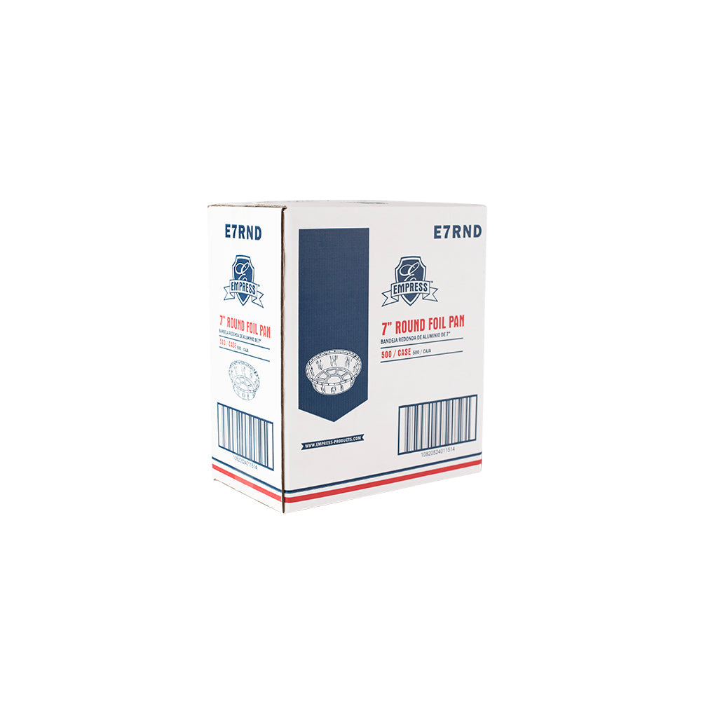 Empress 7" Round Foil Pan 7.28" x 7.28" x 1.57" 2 /250 cs Brand Name Empress Item E7RND - Raemart