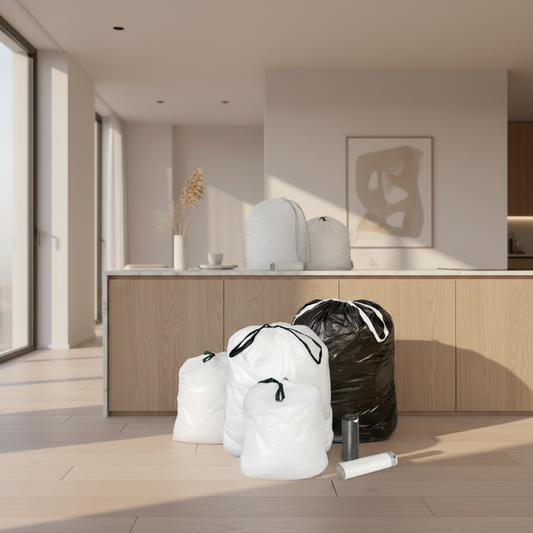 Three reusable plastic trash bags in white, translucent white, and black with white drawstrings, displayed on a light wood floor in front of white kitchen cabinets.