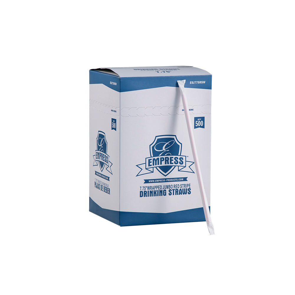 Empress Jumbo Straw Paper Wrapped 7.75" White w/ Red Stripe Boxed 24 / 500 cs Brand Name Empress Item ESJ775RSW