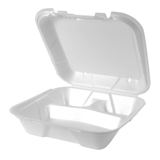 Genpak Vented 3-Comp Hinged Container 9-3/16"x9-9/16"x2-21/32" White Foam 2 / 100 cs Brand Name Genpak Item SN203V